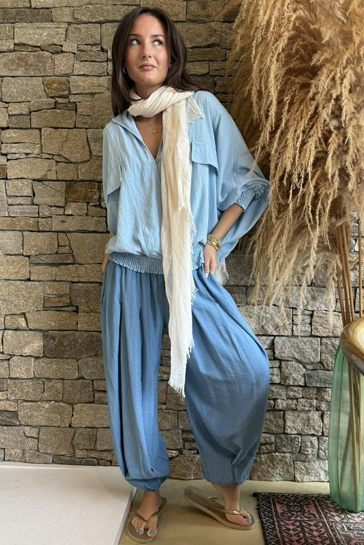 Basso Button Drape Batwing Shirt Baby Blue